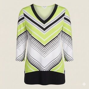 Nygard Women’s Blouse M White Black Lime Chevron V-Neck 3/4 Sleeve NWT